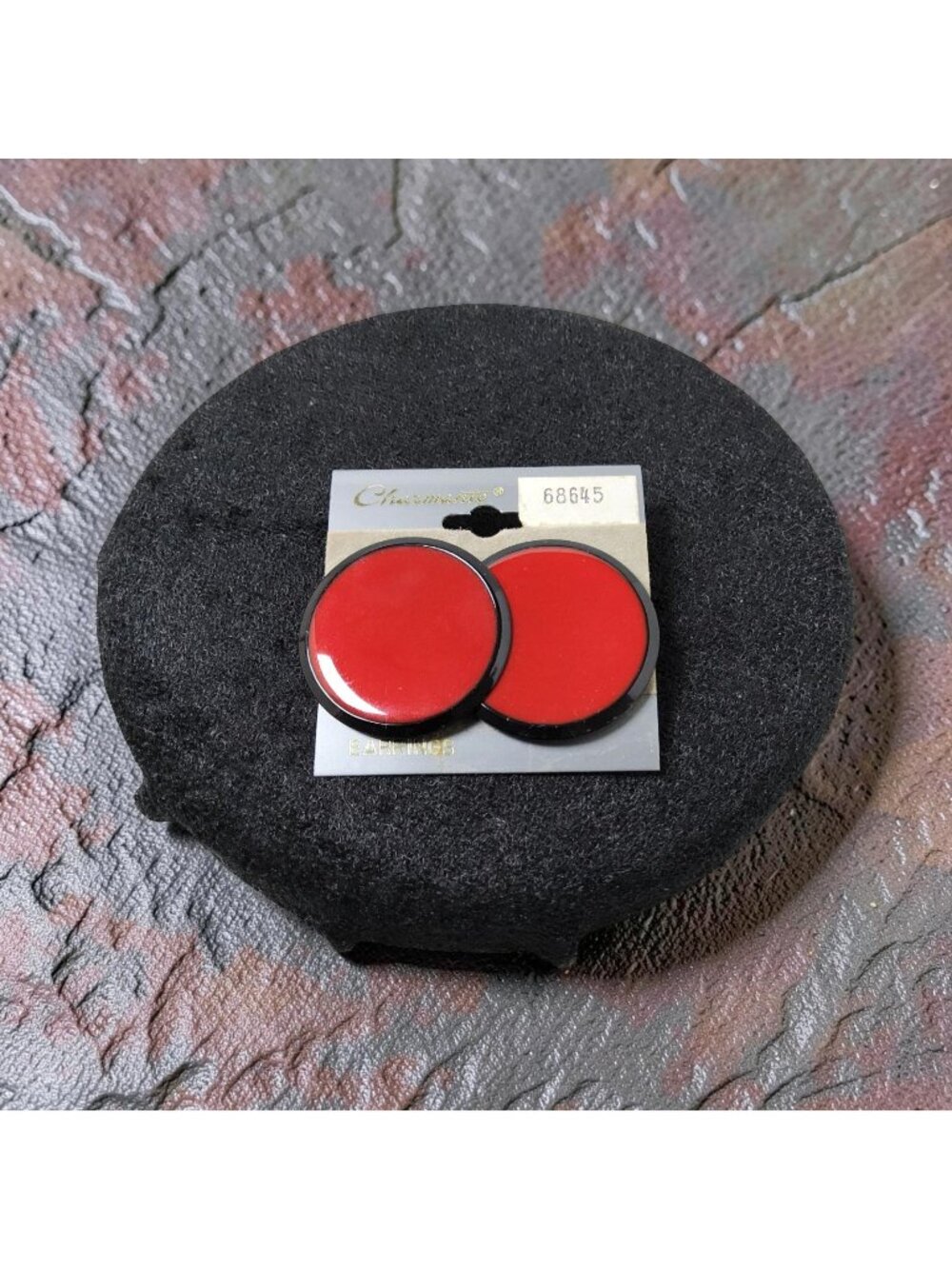 New Charmante Red Enamel Black Rim Clip on Button Earrings
